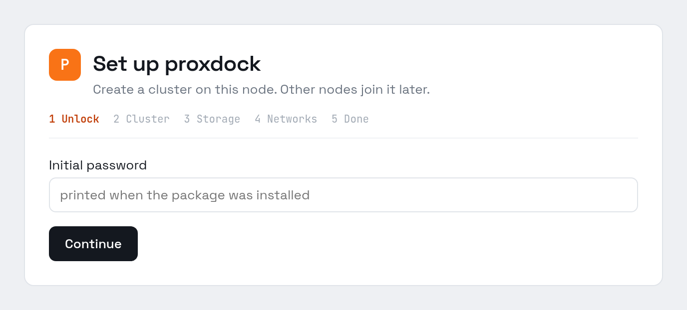 The setup wizard's unlock step: a single password field, with the four wizard steps listed above it.