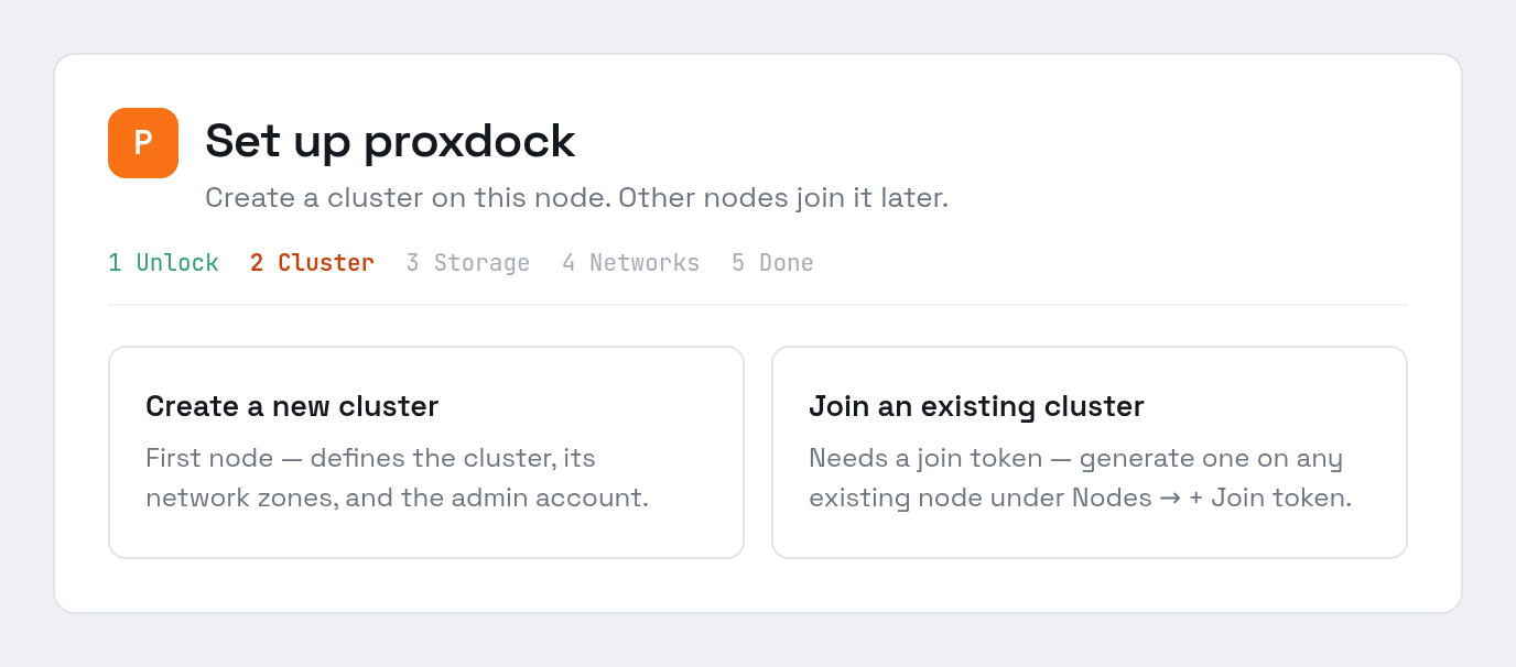 The wizard's second step, offering to create a new cluster or join an existing one with a token.