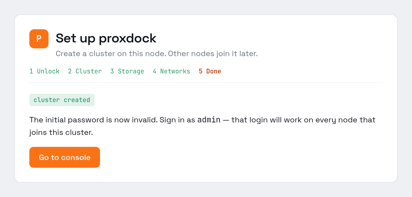 The final wizard step confirming the cluster was created.