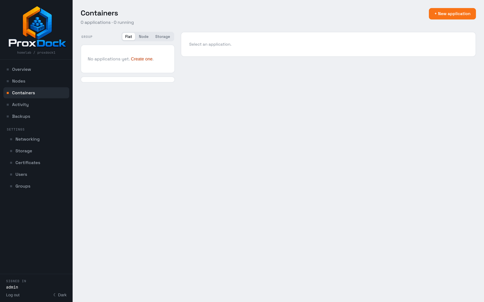 The containers screen with no applications yet, offering to create one.
