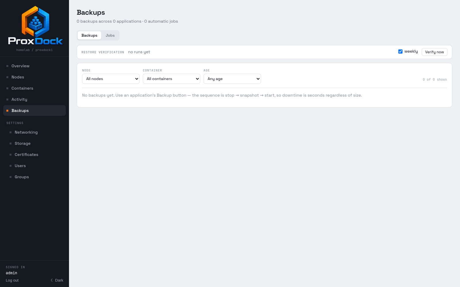 The backups screen on a fresh cluster, with no backups and no scheduled jobs.
