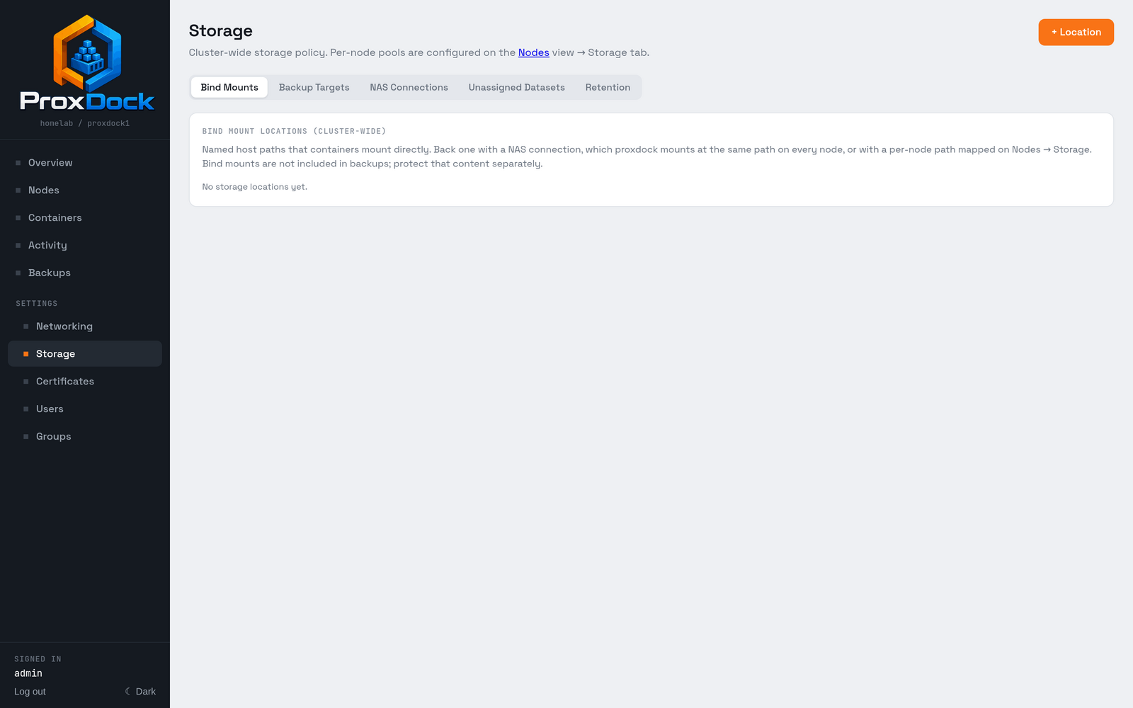 The storage settings screen showing the pool created during setup.