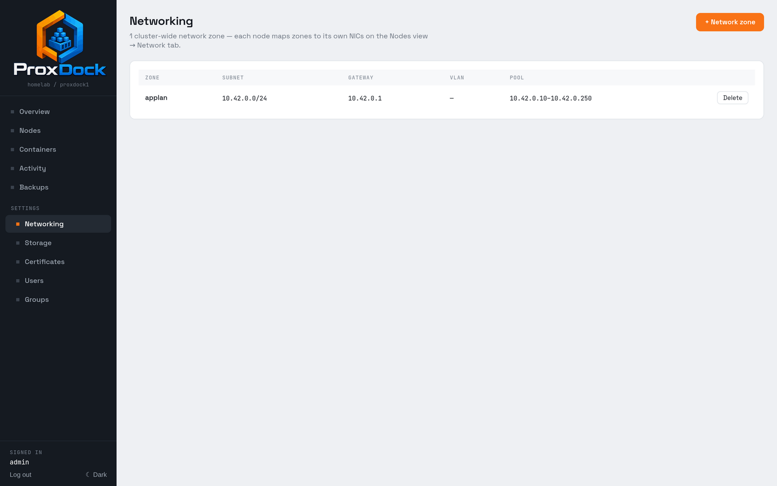 The networking settings screen listing one zone with its subnet, gateway, VLAN and address pool.